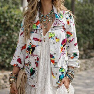 Berek White Multi Abstract Tropical Bird Cotton Jacket Size Large